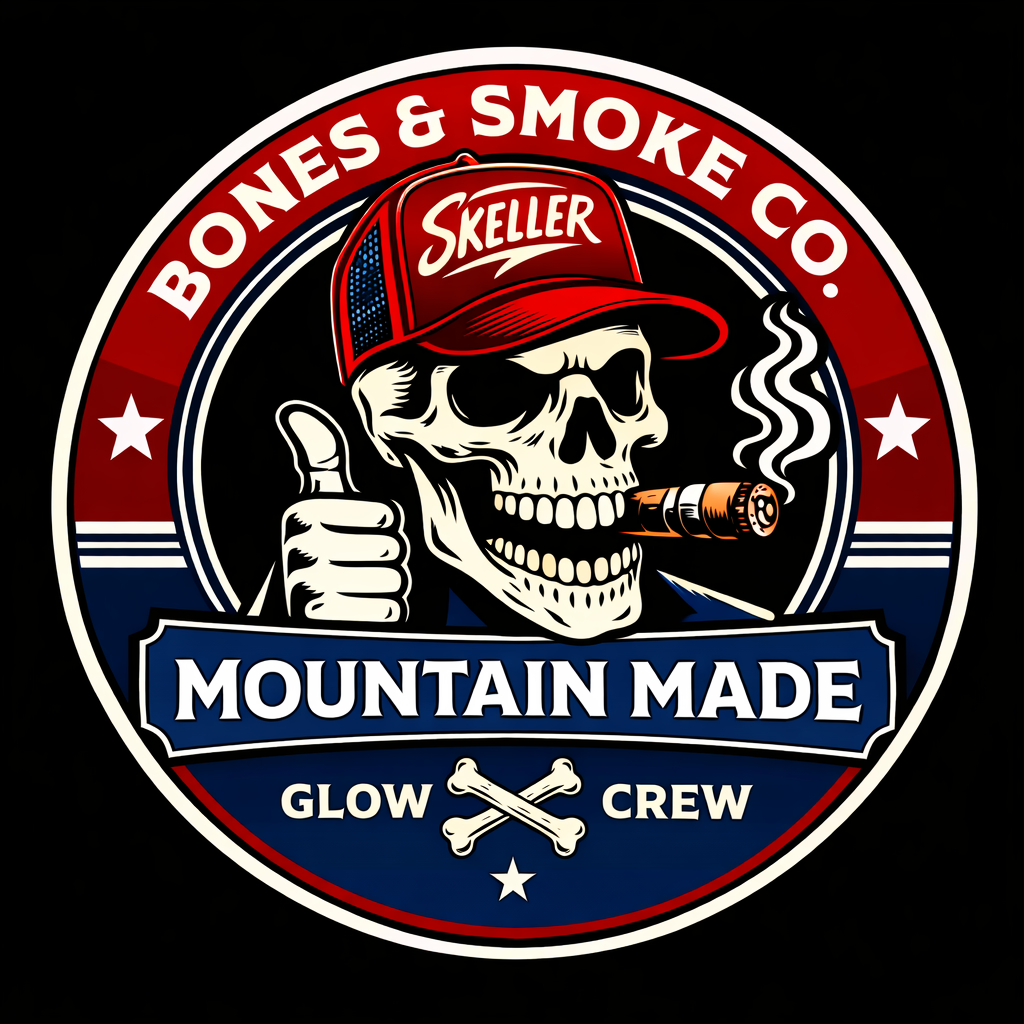 Skeller Skellerton skeleton mascot Bones & Smoke Co. logo badge
