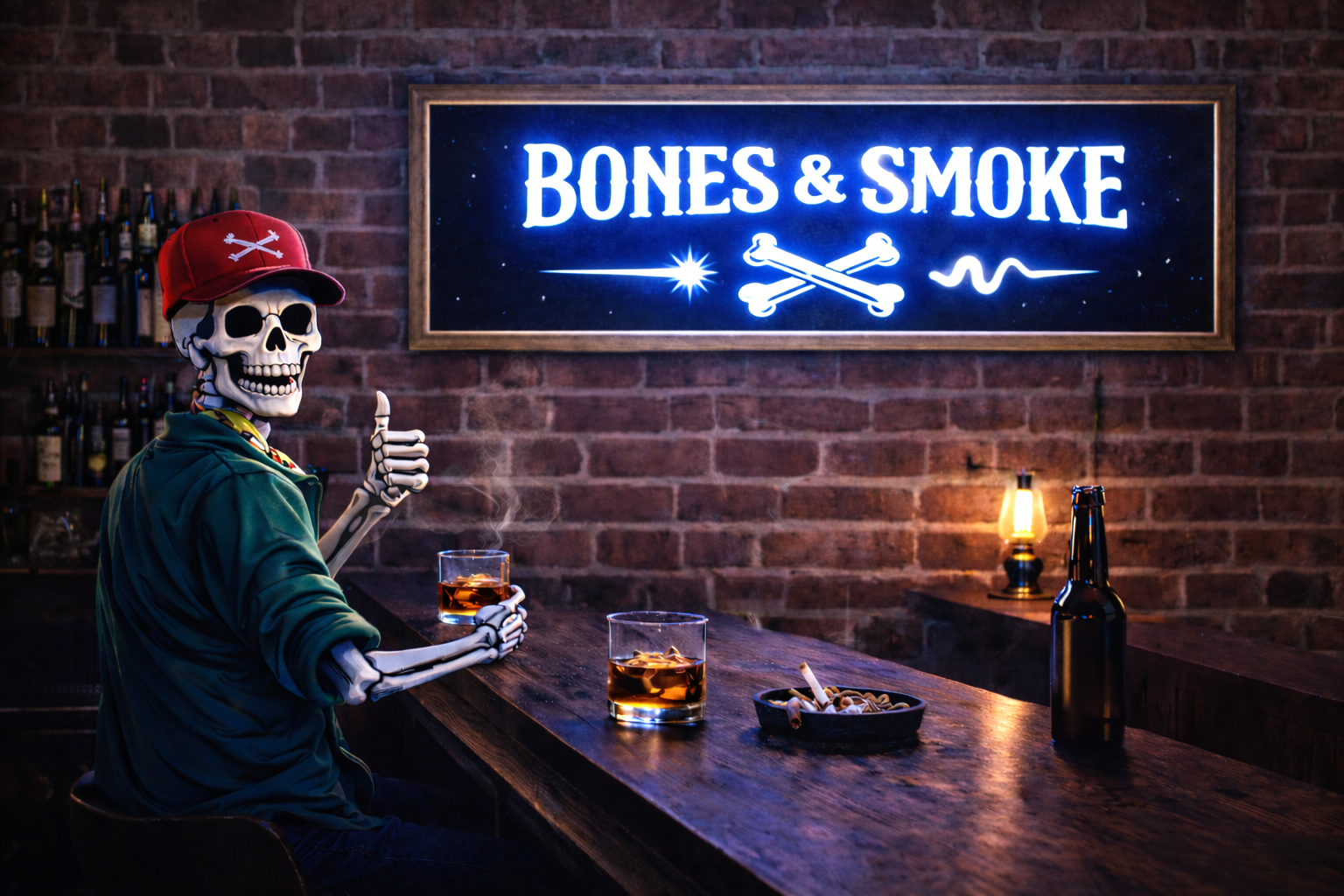 Bones & Smoke Co. brand banner with Skeller